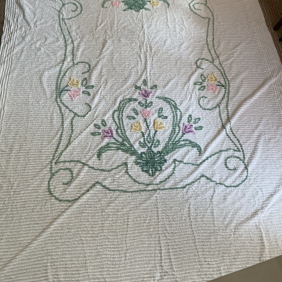 White Chenille Bedspread with Green Scrollwork and Pastel Floral Accents